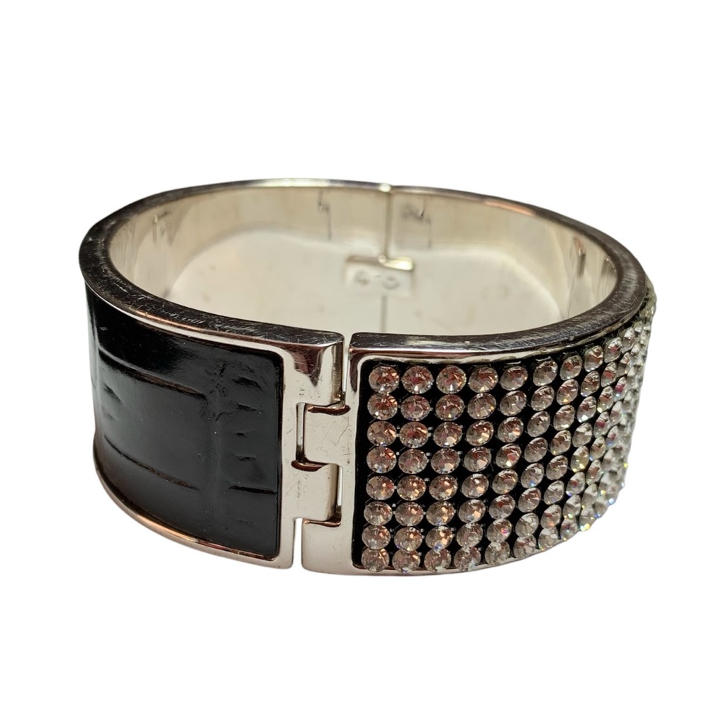 Chunky Silver & Black Hinged Cuff Bracelet Wide Statement Pave Crystal Evening